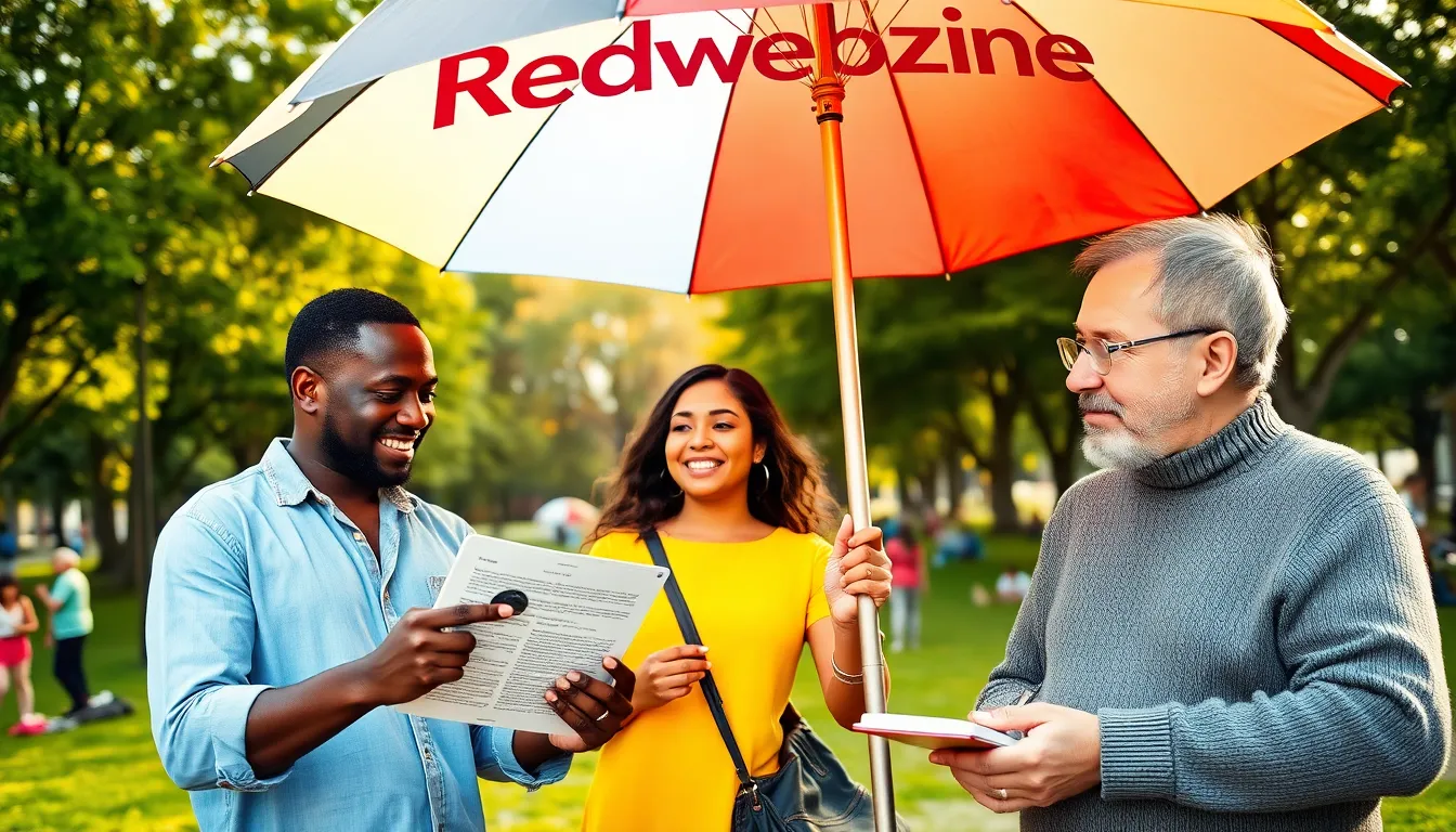 a diverse group discussing science lifestyle under a colorful umbrella.